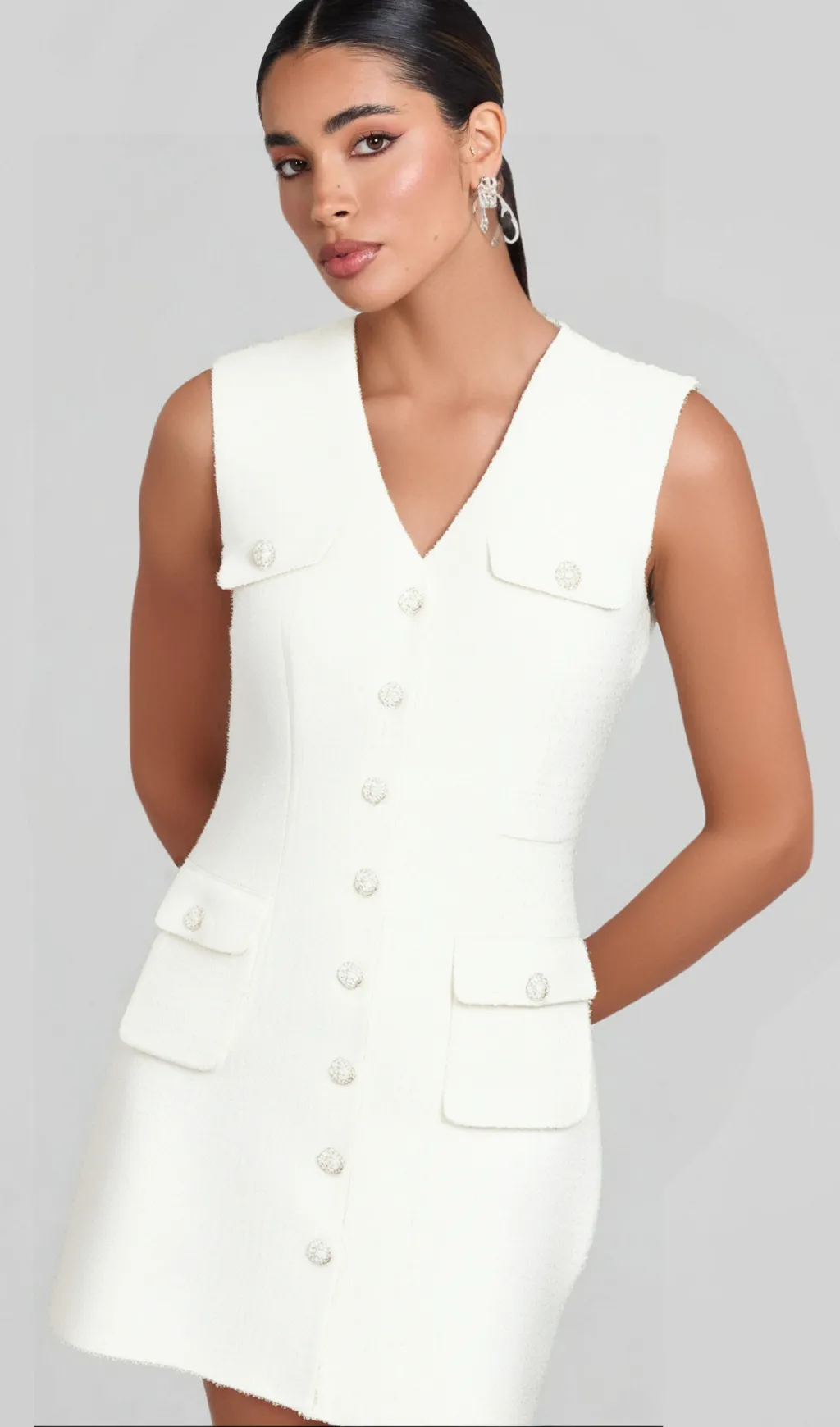 Boucl pearl-buttons knitted mini dress in white Gloria Lanvin