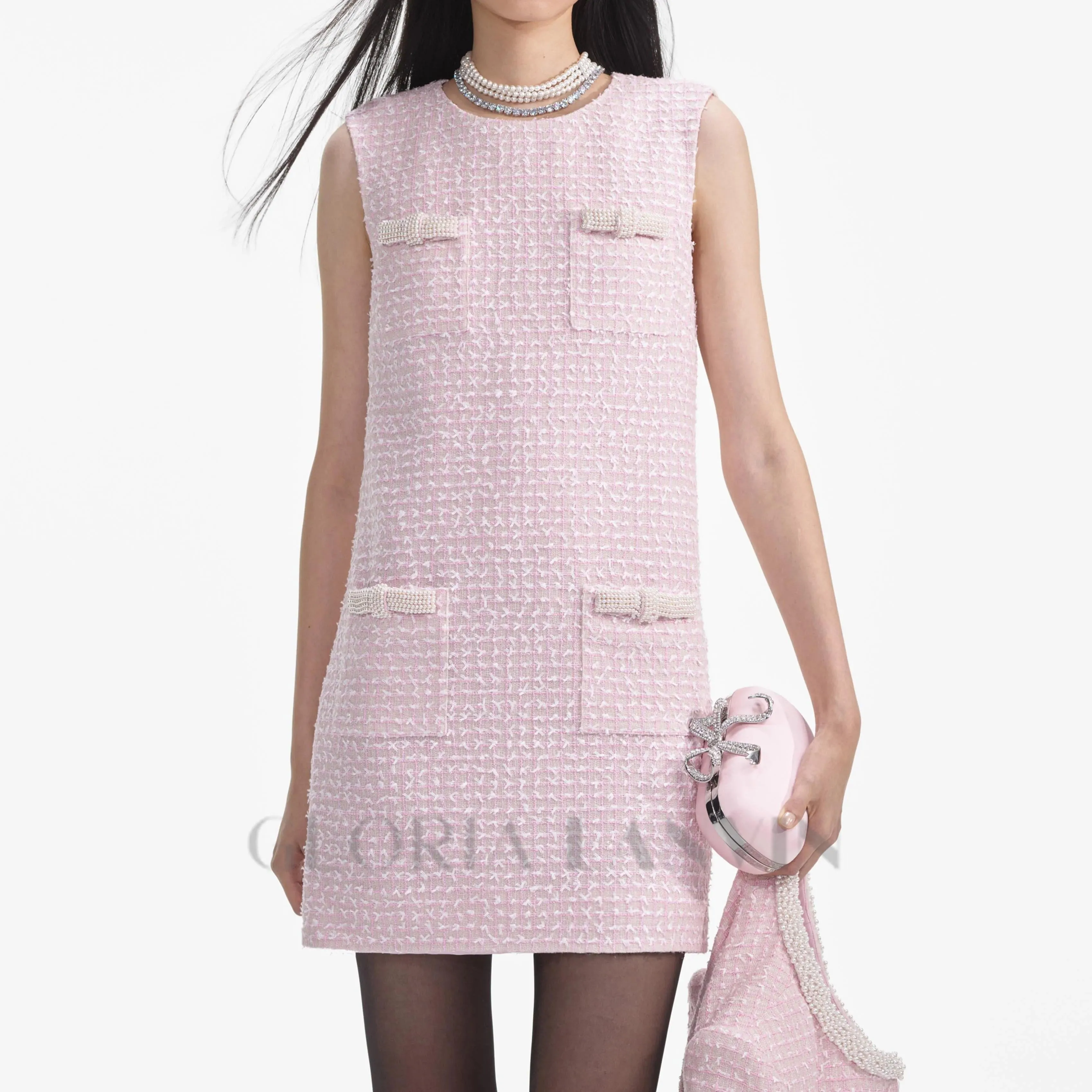 boucle pearl trim mini dress in pink Gloria Lanvin