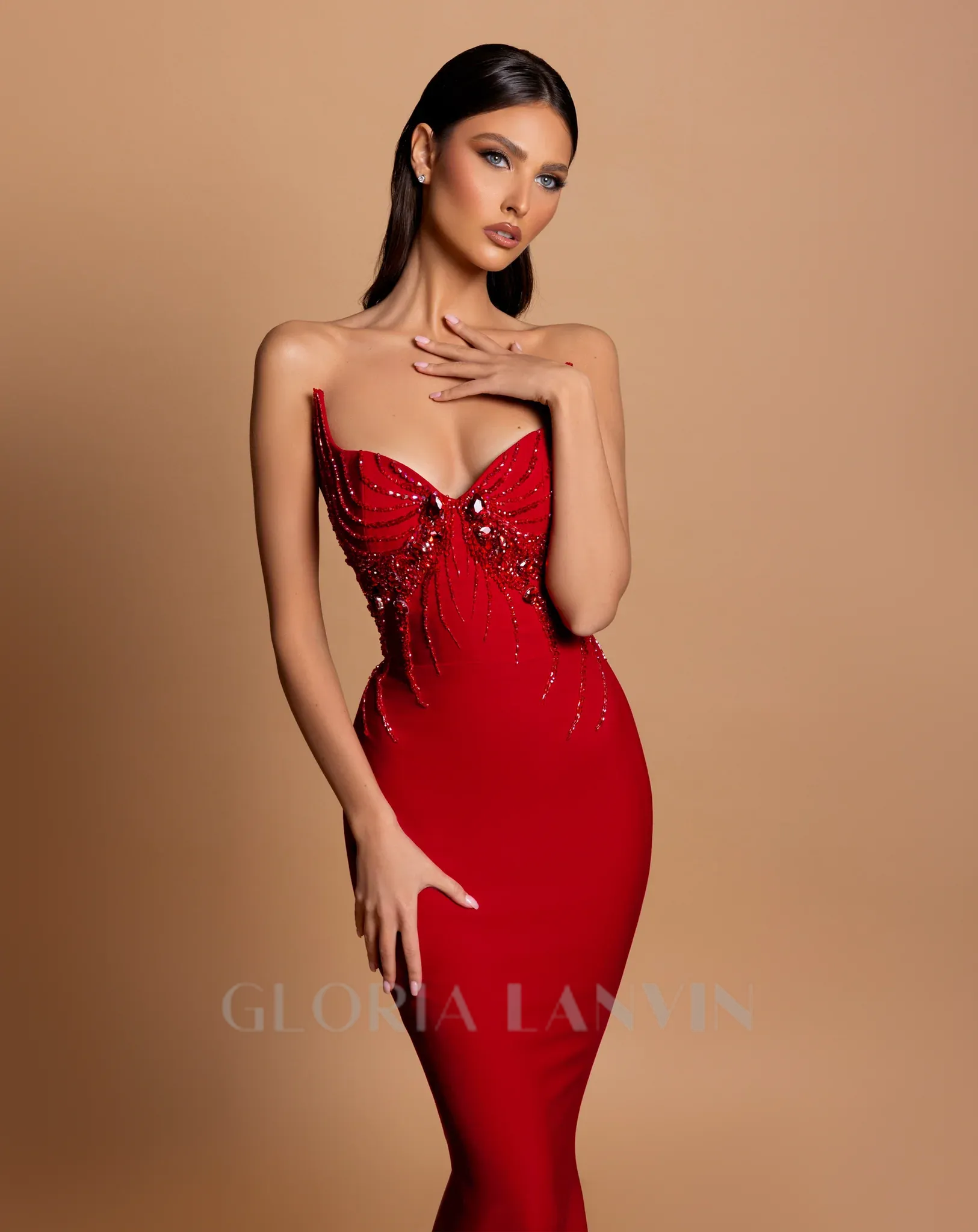 bow embellished strapless maxi dress in red Gloria Lanvin
