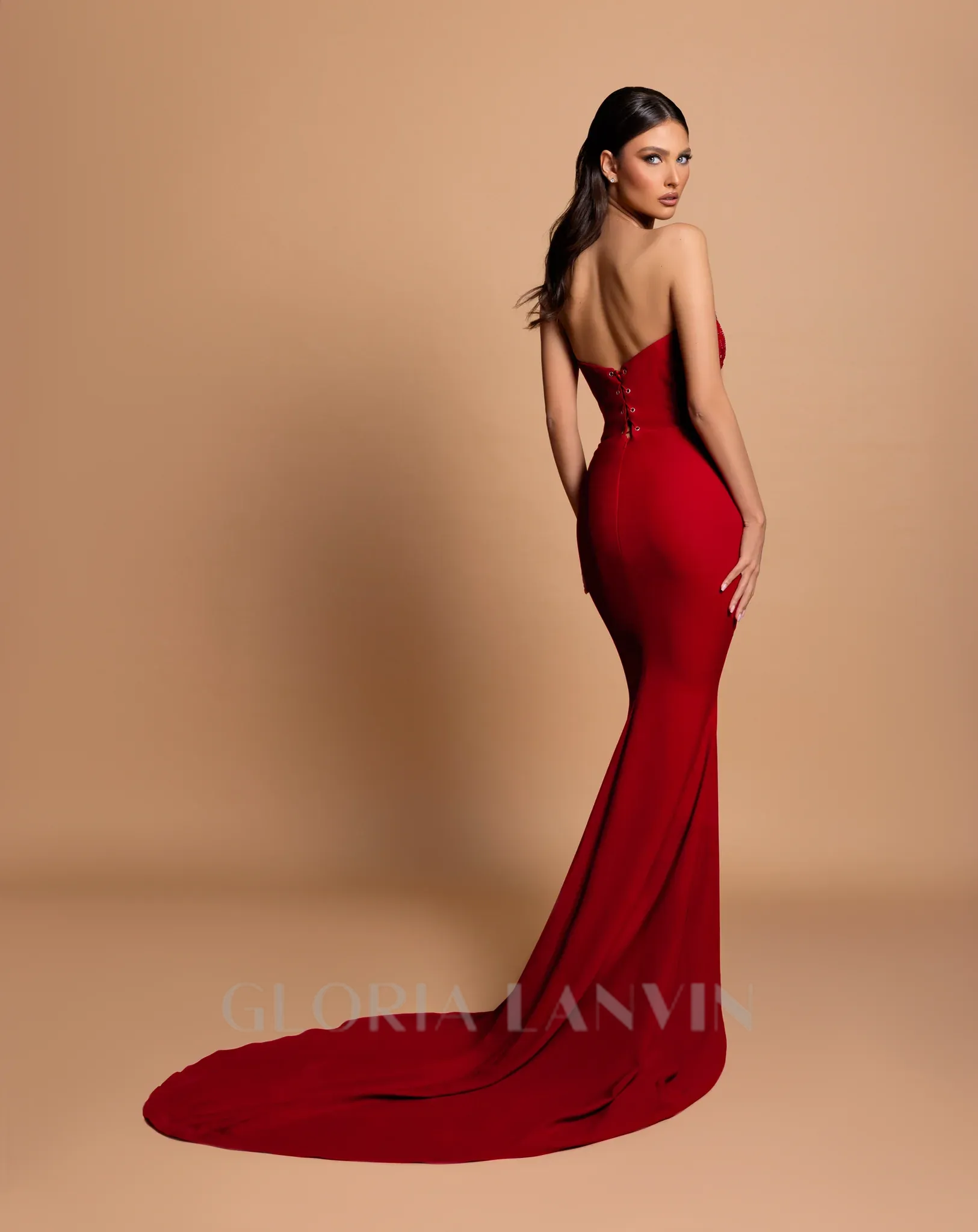 bow embellished strapless maxi dress in red Gloria Lanvin
