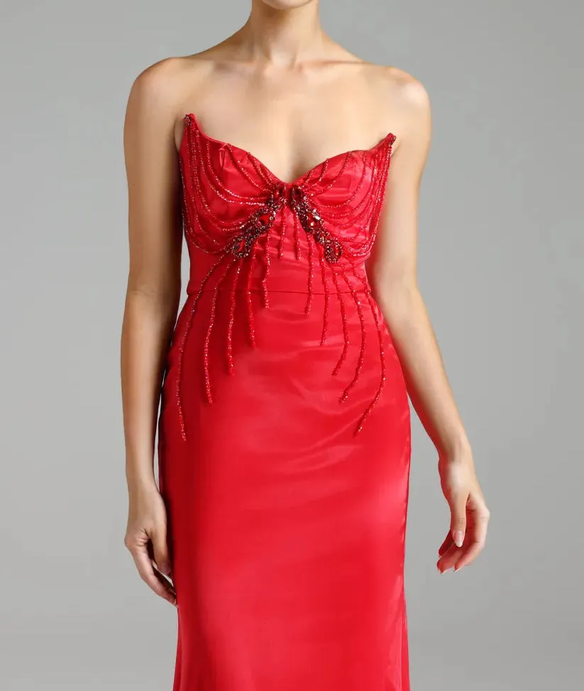 bow embellished strapless maxi dress in red Gloria Lanvin