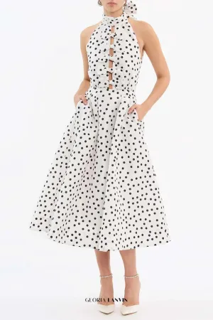 Bow Polka Dot Halter Neck Midi Dress in white Gloria Lanvin