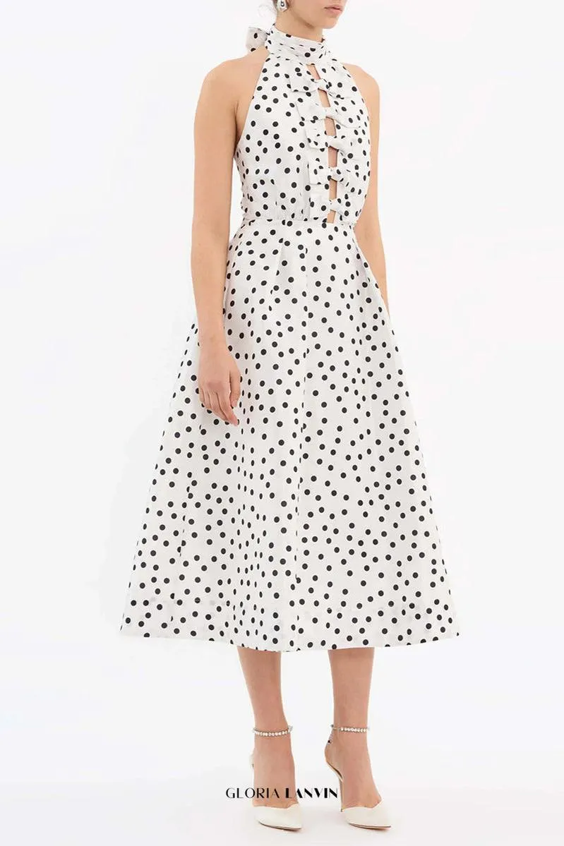 Bow Polka Dot Halter Neck Midi Dress in white Gloria Lanvin