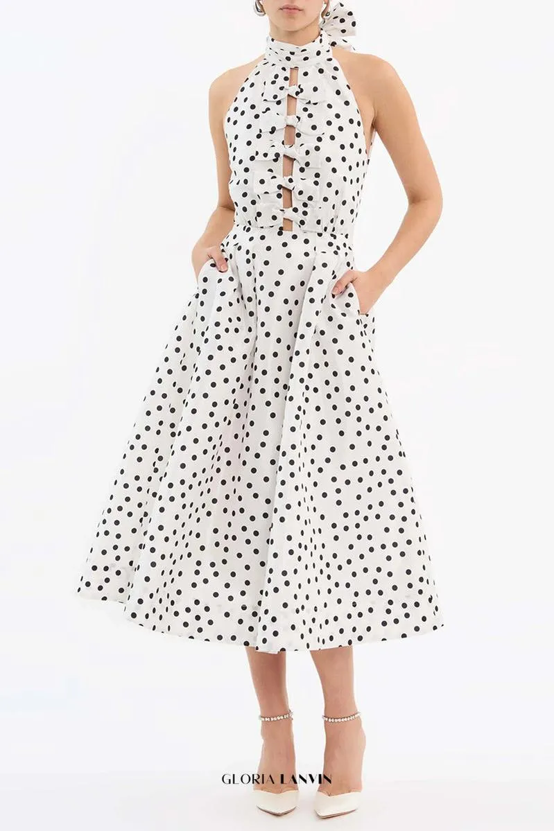 Bow Polka Dot Halter Neck Midi Dress in white Gloria Lanvin