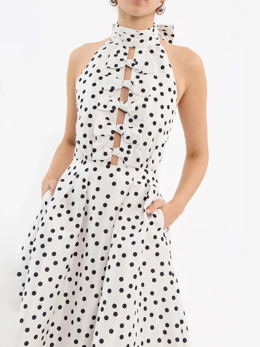 Bow Polka Dot Halter Neck Midi Dress in white Gloria Lanvin