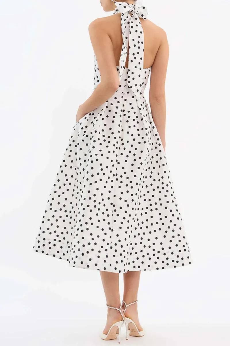 Bow Polka Dot Halter Neck Midi Dress in white Gloria Lanvin