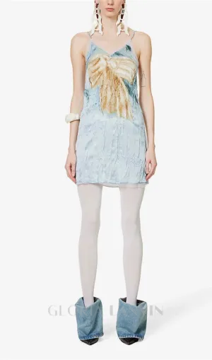 BOW-PRINT TULLE-TRIMS SATIN MINI DRESS IN PALE BLUE Gloria Lanvin