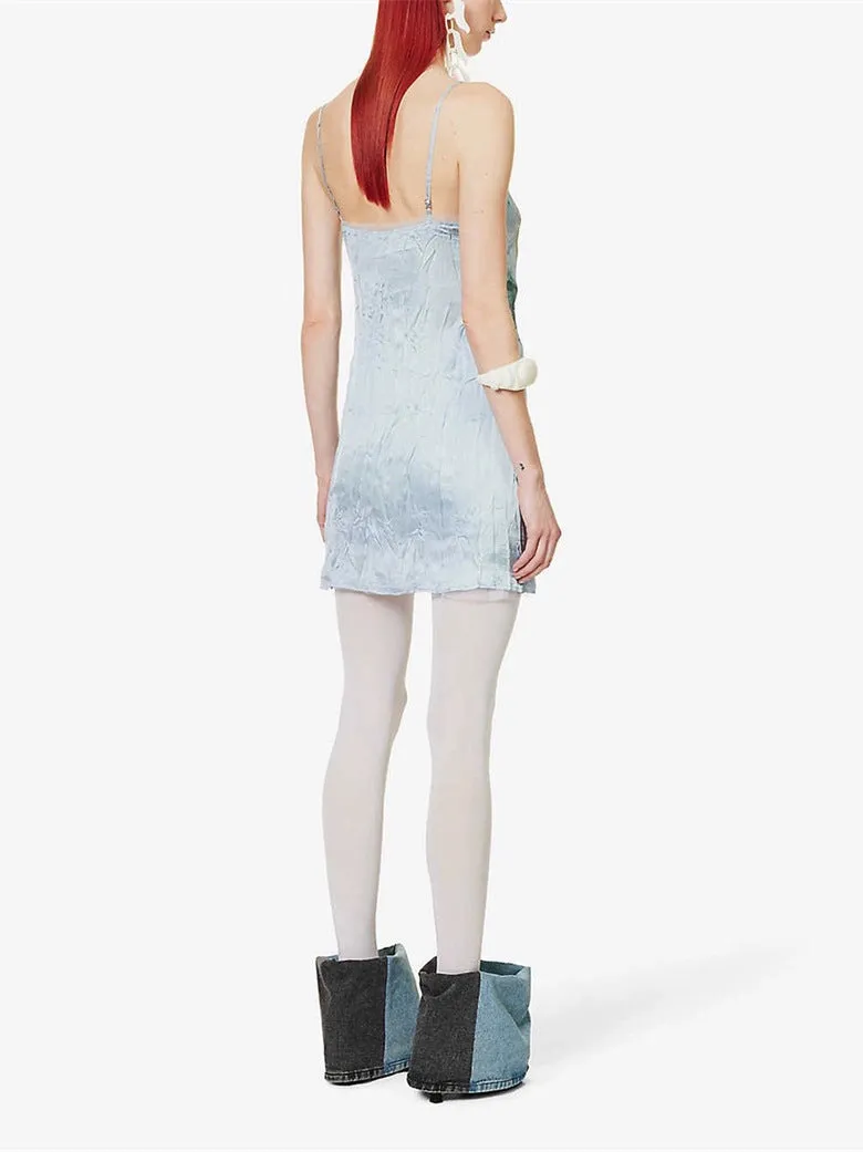 BOW-PRINT TULLE-TRIMS SATIN MINI DRESS IN PALE BLUE Gloria Lanvin