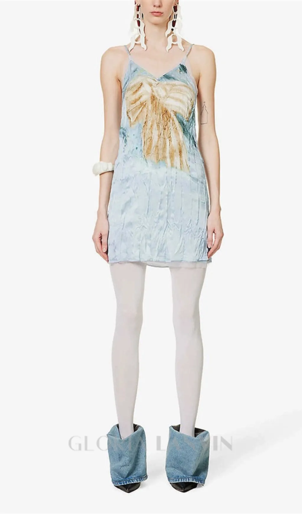 BOW-PRINT TULLE-TRIMS SATIN MINI DRESS IN PALE BLUE Gloria Lanvin