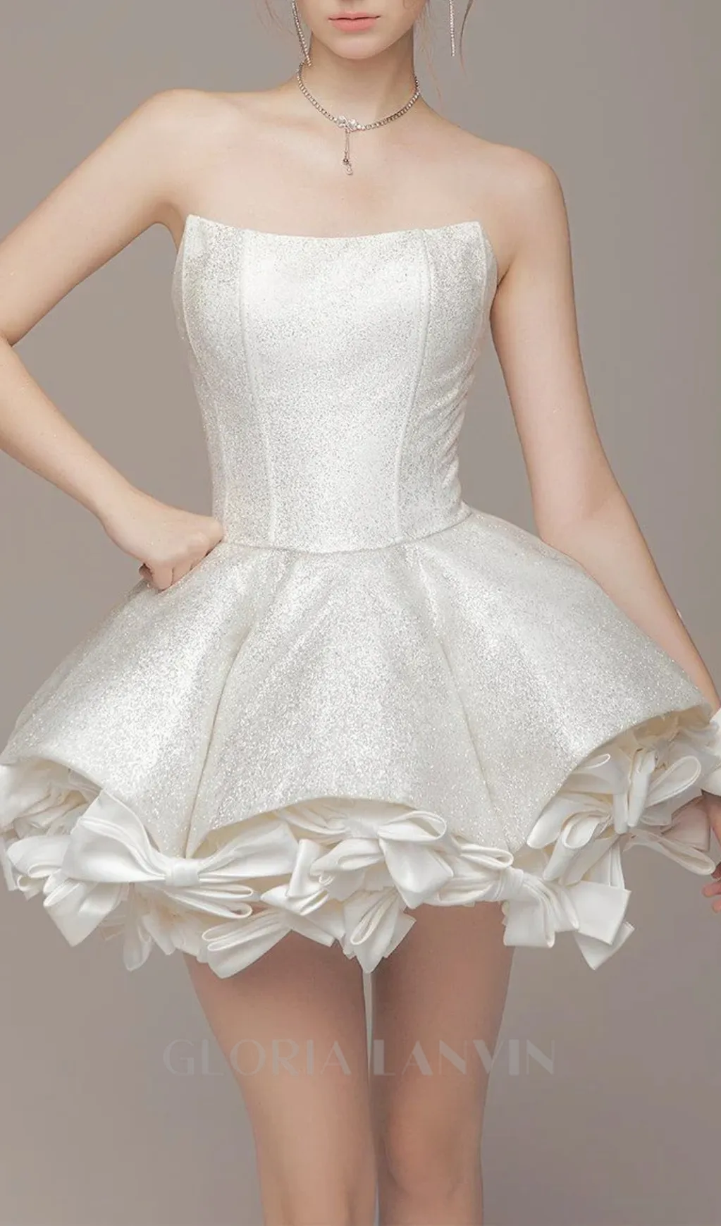 bow trim strapless mini dress in white Gloria Lanvin