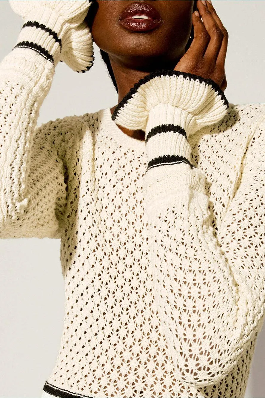 BRIDGET KNIT STRIPE FRILL MIDI DRESS IN WHITE Gloria Lanvin