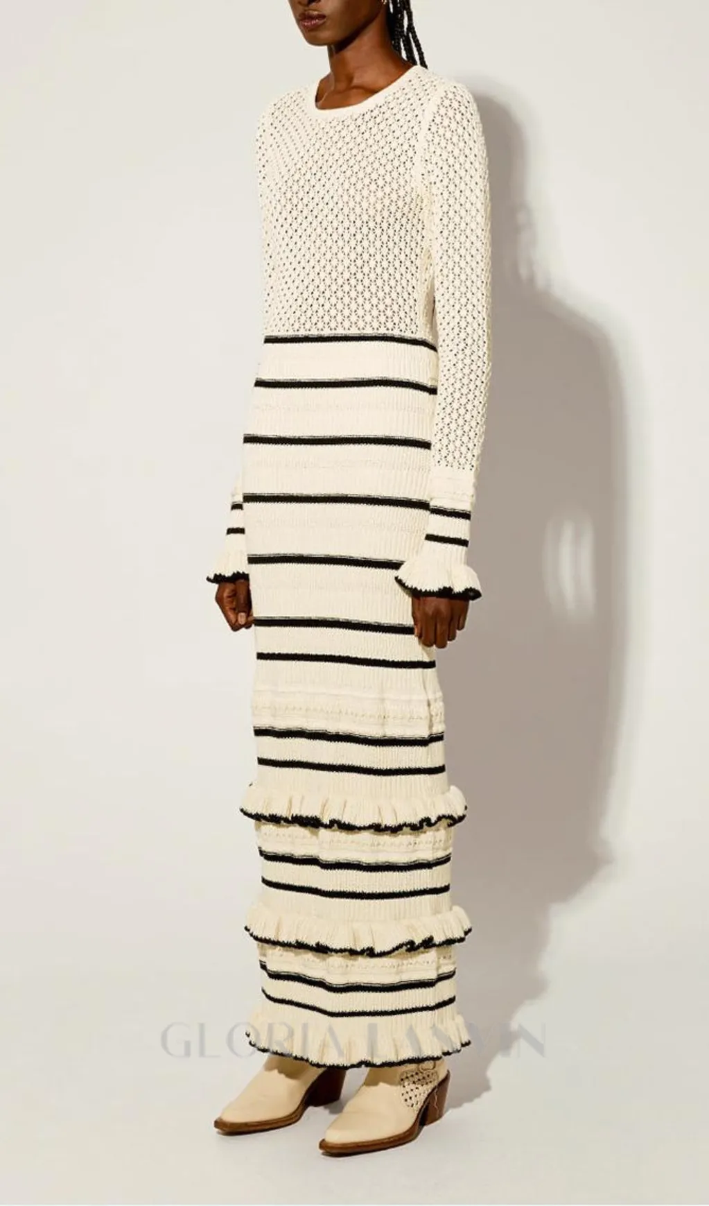 BRIDGET KNIT STRIPE FRILL MIDI DRESS IN WHITE Gloria Lanvin