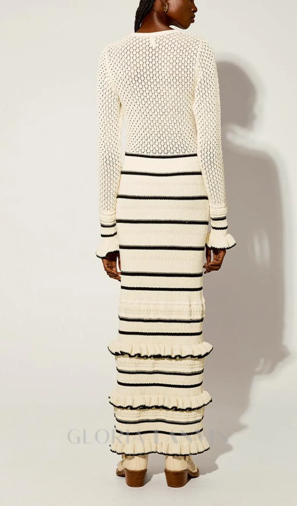 BRIDGET KNIT STRIPE FRILL MIDI DRESS IN WHITE Gloria Lanvin
