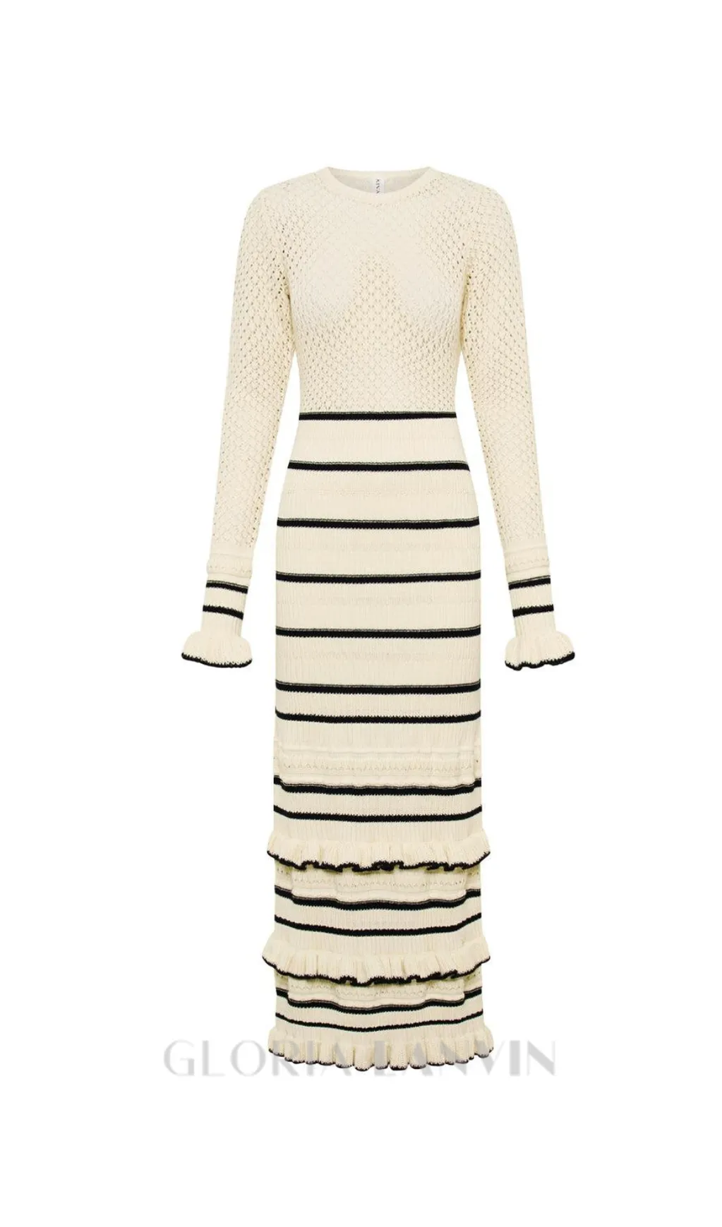 BRIDGET KNIT STRIPE FRILL MIDI DRESS IN WHITE Gloria Lanvin