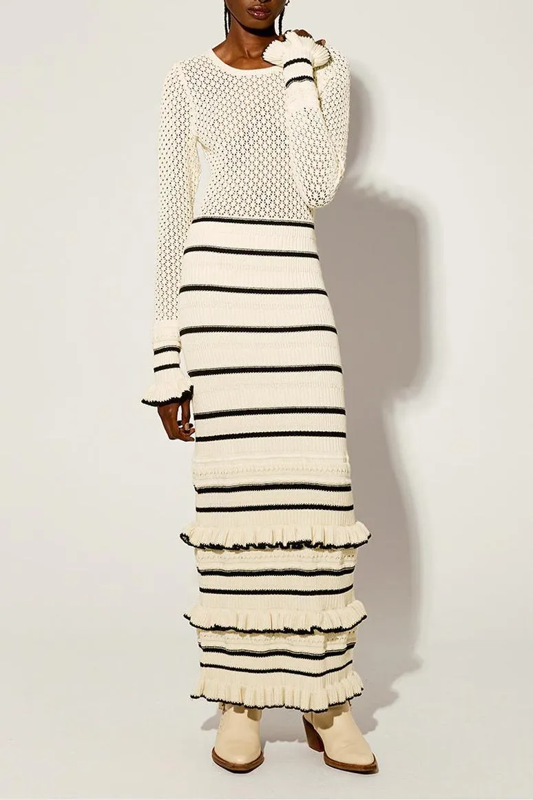 BRIDGET KNIT STRIPE FRILL MIDI DRESS IN WHITE Gloria Lanvin