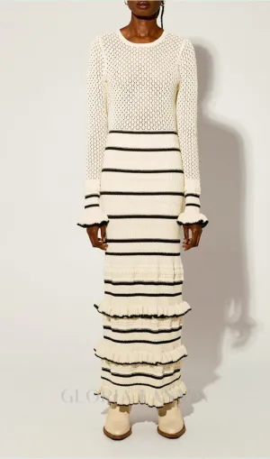 BRIDGET KNIT STRIPE FRILL MIDI DRESS IN WHITE Gloria Lanvin