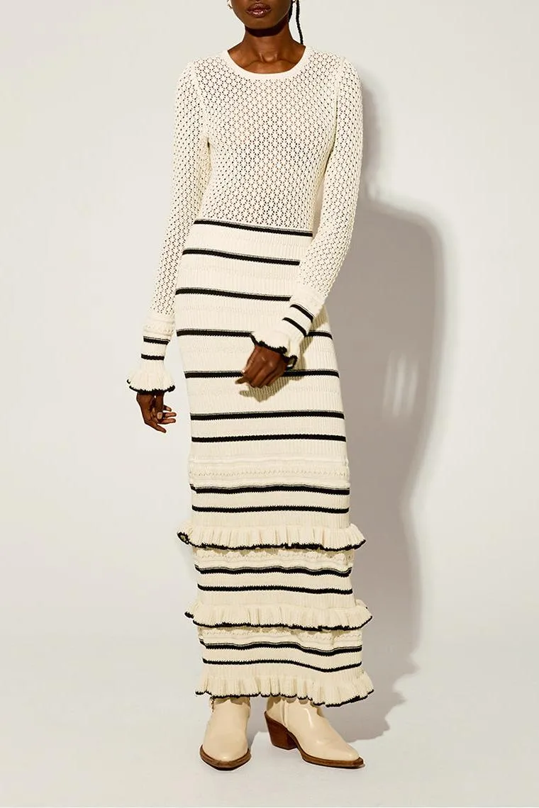 BRIDGET KNIT STRIPE FRILL MIDI DRESS IN WHITE Gloria Lanvin