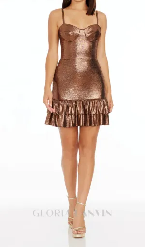 Bronze Flare Mini Dress with Ruffled Hem Gloria Lanvin