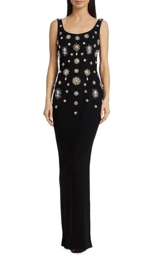 BROOCH-EMBELLISHED SCOOPNECK GOWN IN BLACK Gloria Lanvin