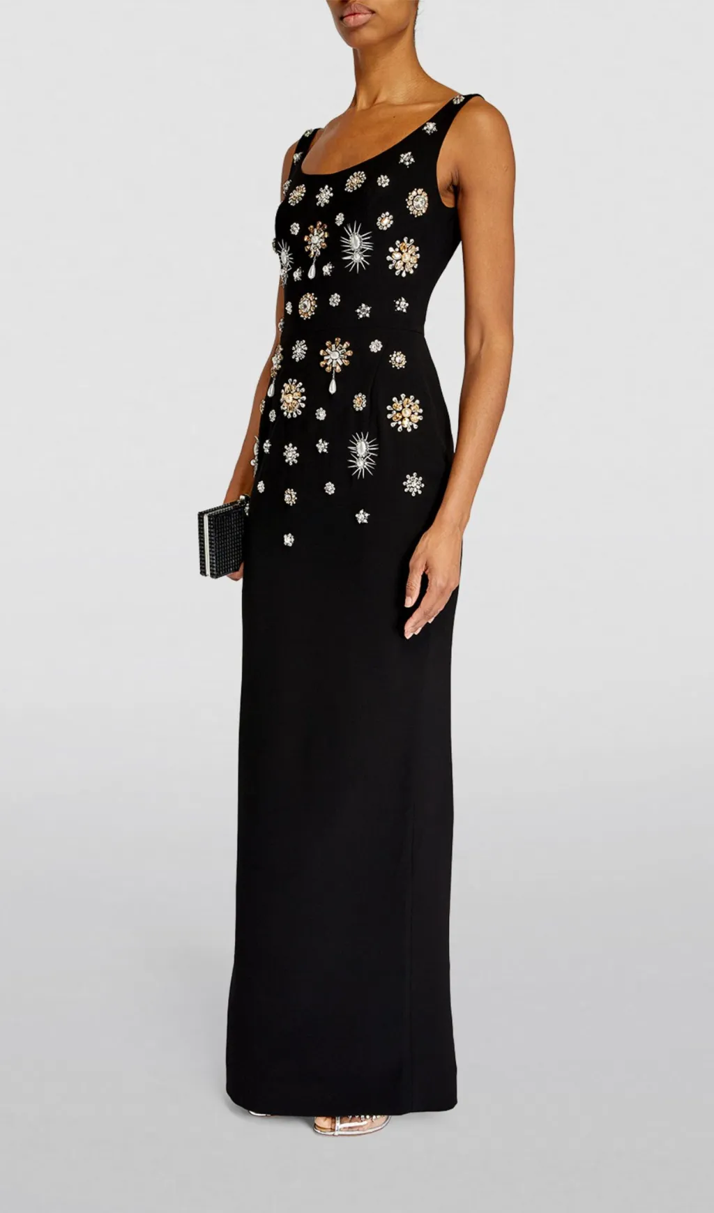 BROOCH-EMBELLISHED SCOOPNECK GOWN IN BLACK Gloria Lanvin