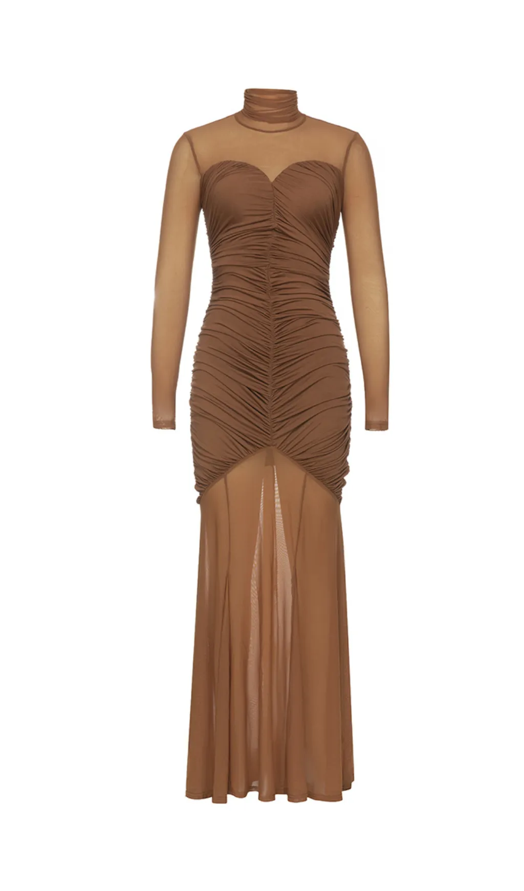 BROWN FIGURE-HUGGING RUCHED MAXI DRESS Gloria Lanvin