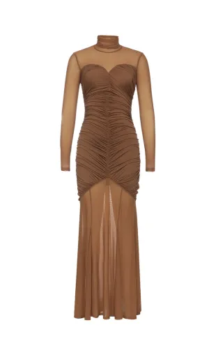 BROWN FIGURE-HUGGING RUCHED MAXI DRESS Gloria Lanvin