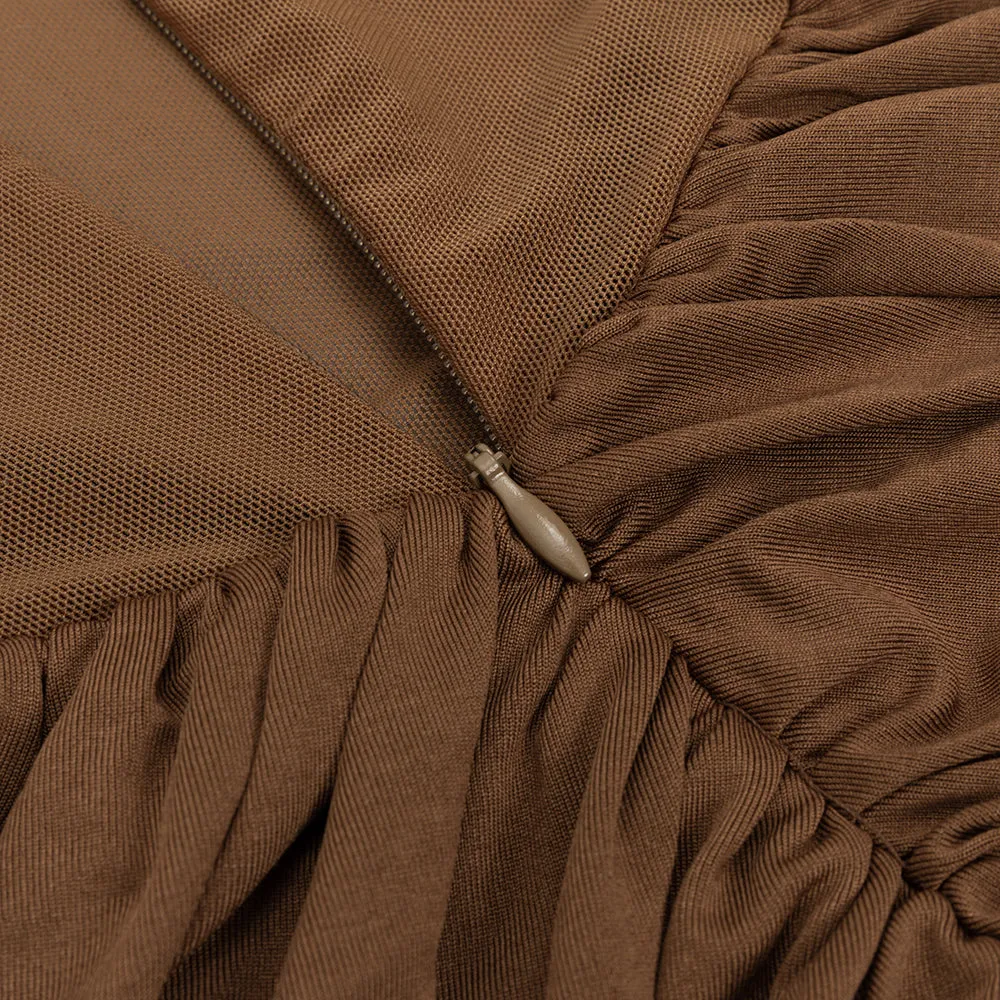 BROWN FIGURE-HUGGING RUCHED MAXI DRESS Gloria Lanvin