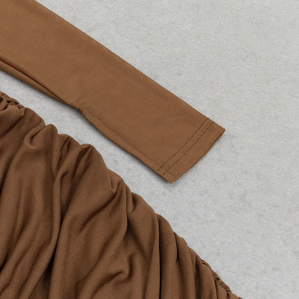 BROWN FIGURE-HUGGING RUCHED MAXI DRESS Gloria Lanvin