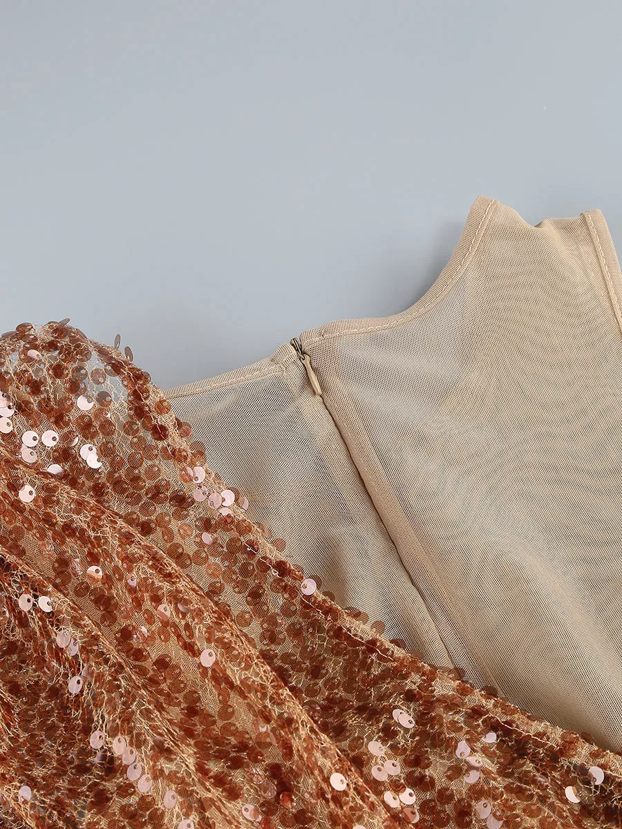 BROWN HIGH SPLIT SEQUIN DRAPE MAXI DRESS Gloria Lanvin