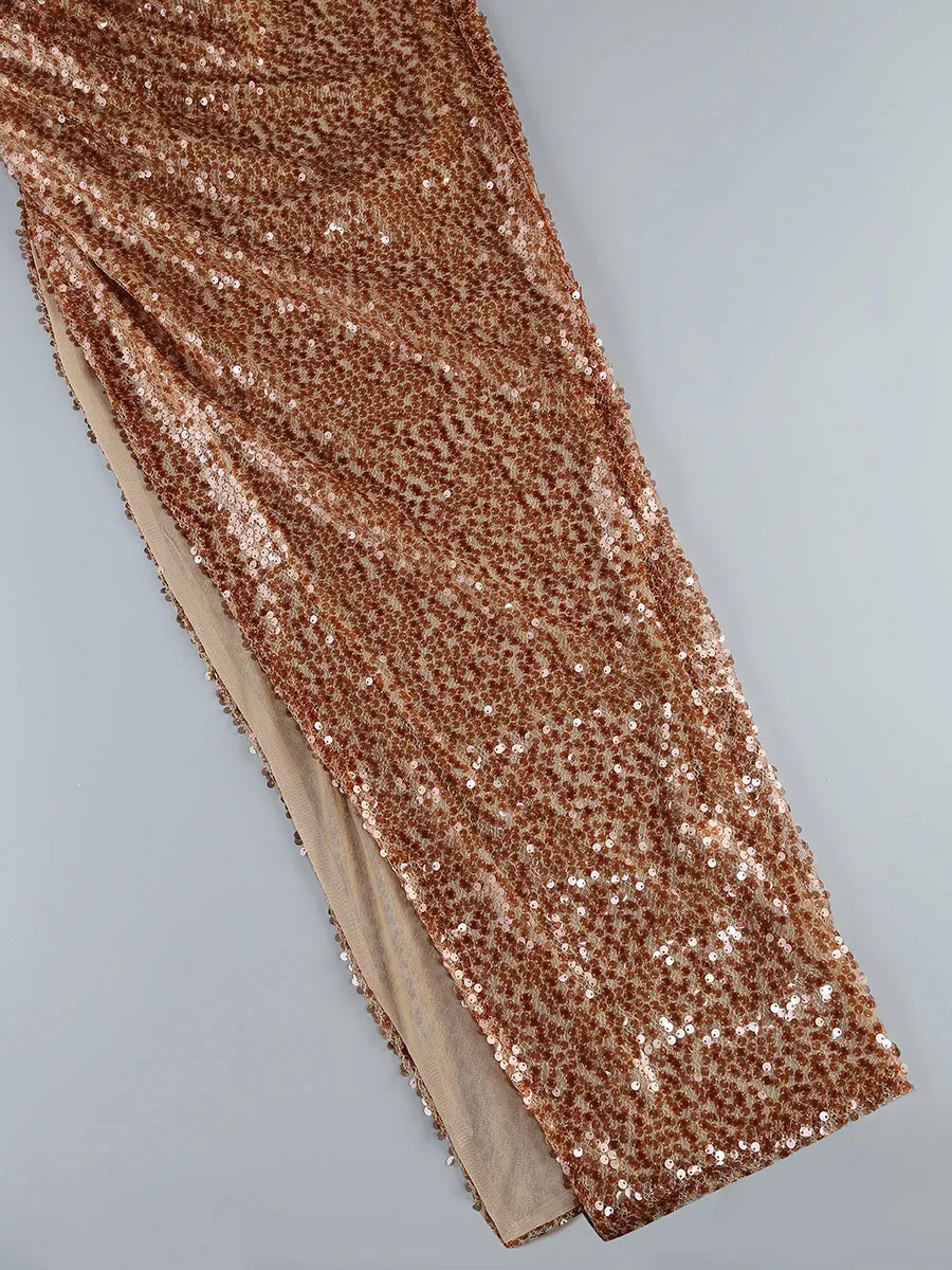 BROWN HIGH SPLIT SEQUIN DRAPE MAXI DRESS Gloria Lanvin