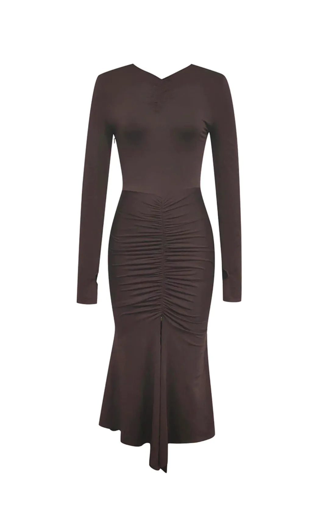 BROWN SLIT RUCHED MIDI DRESS Gloria Lanvin