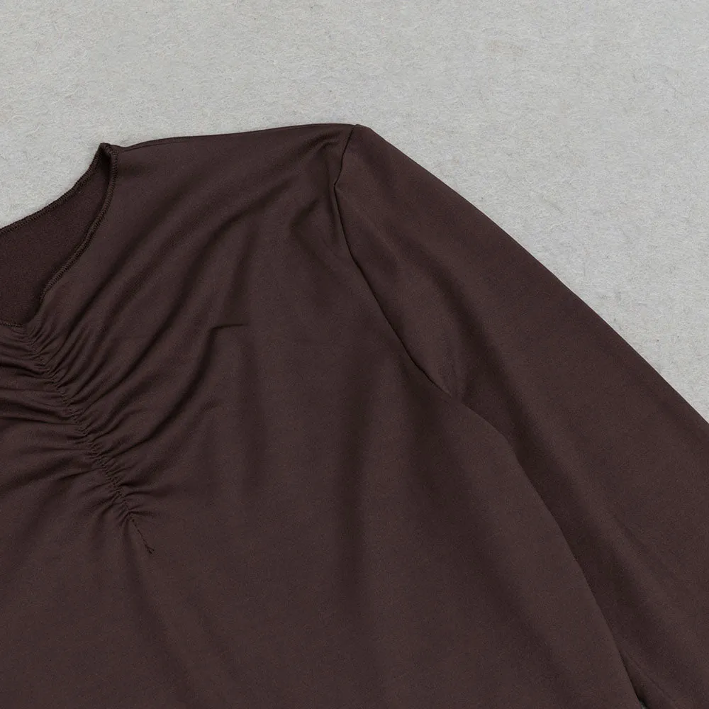 BROWN SLIT RUCHED MIDI DRESS Gloria Lanvin