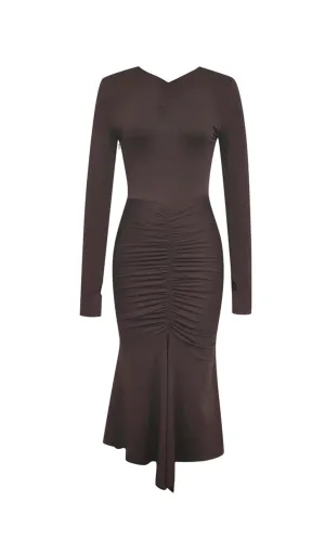 BROWN SLIT RUCHED MIDI DRESS Gloria Lanvin