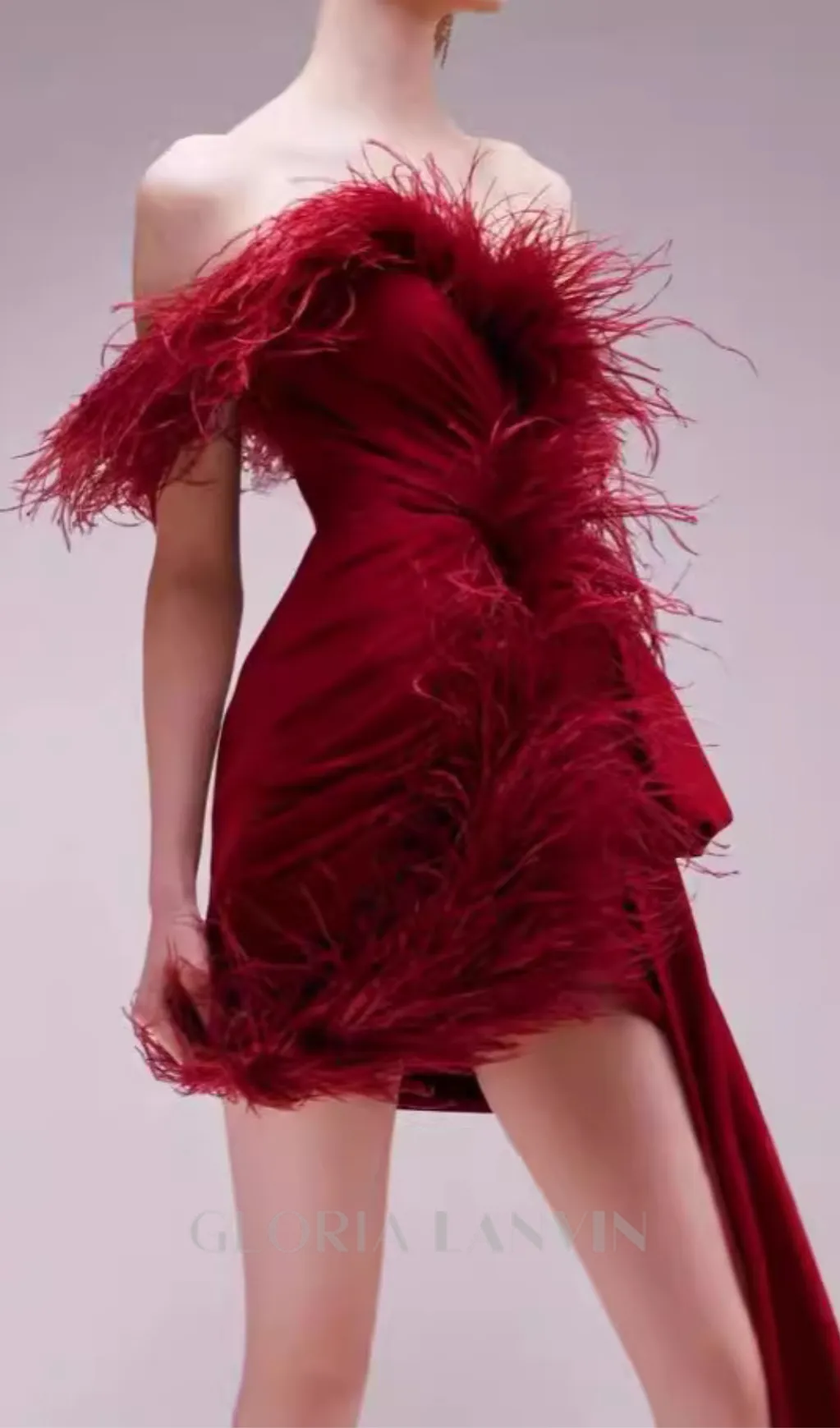 burgundy feather embellished strapless mini dress Gloria Lanvin
