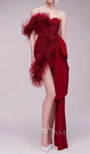 burgundy feather embellished strapless mini dress Gloria Lanvin