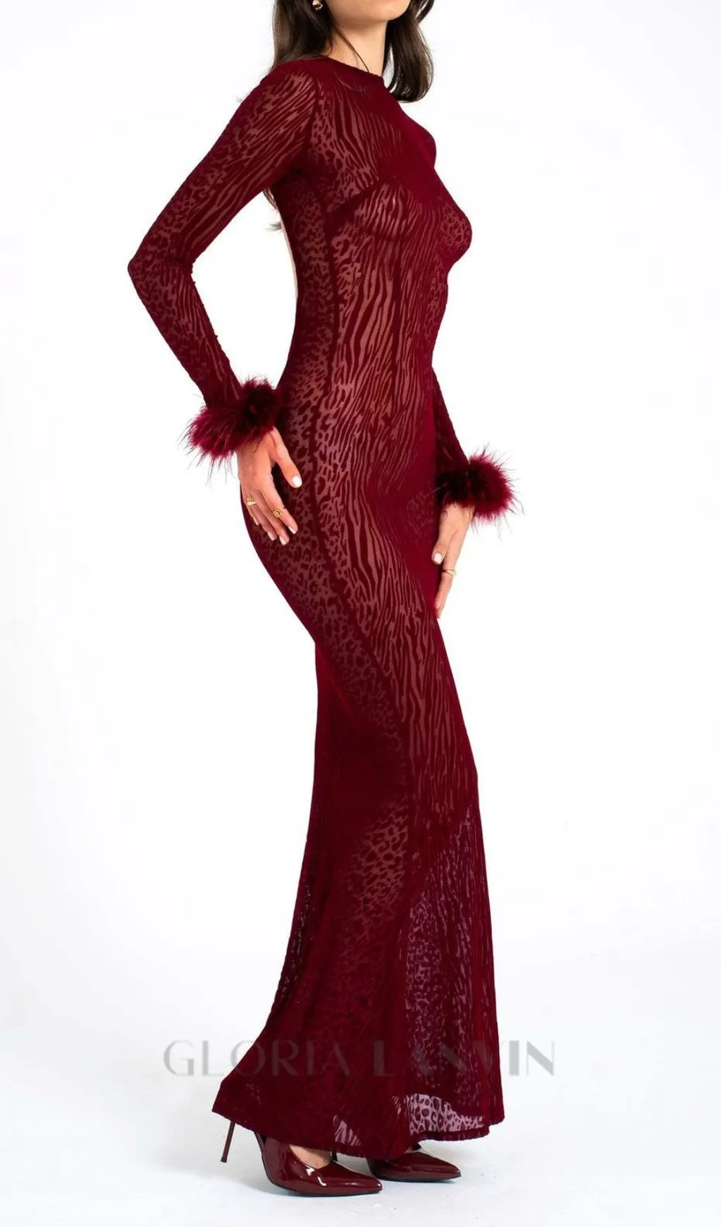 burgundy mesh feather maxi dress Gloria Lanvin