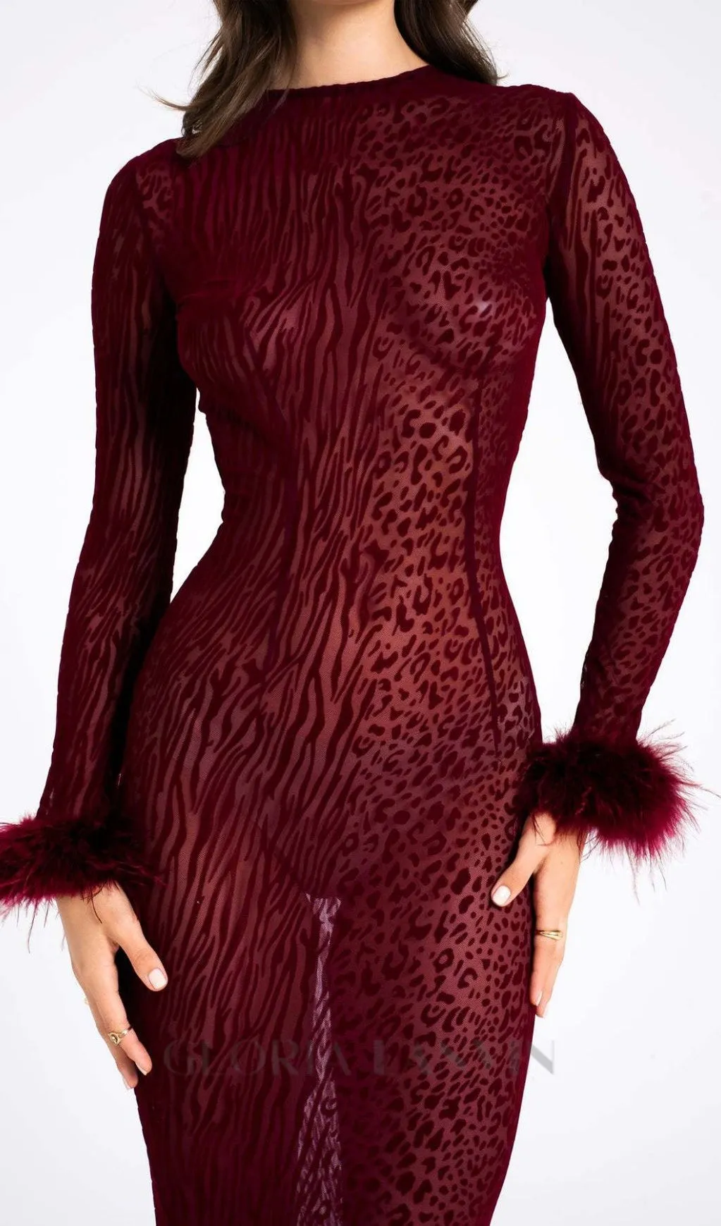 burgundy mesh feather maxi dress Gloria Lanvin