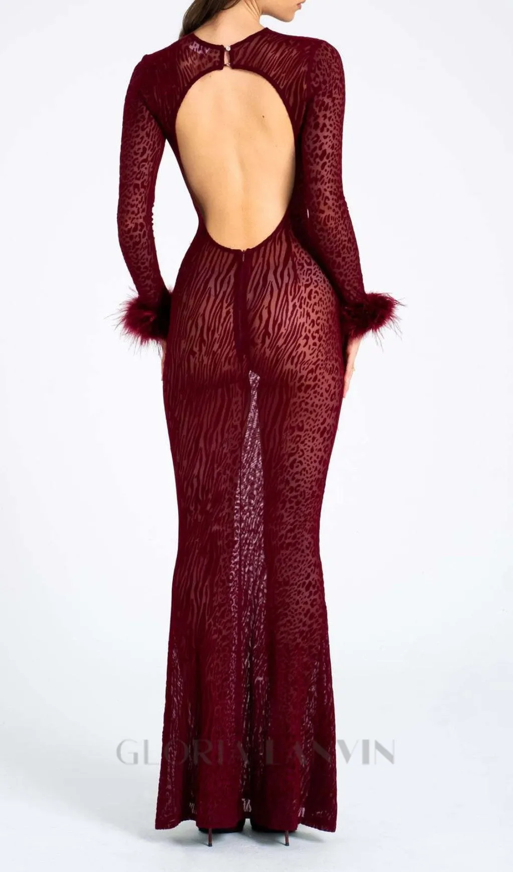 burgundy mesh feather maxi dress Gloria Lanvin