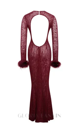 burgundy mesh feather maxi dress Gloria Lanvin