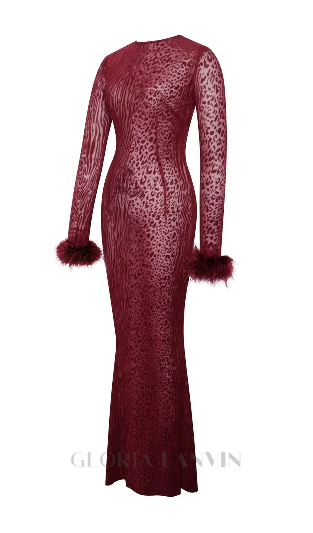 burgundy mesh feather maxi dress Gloria Lanvin