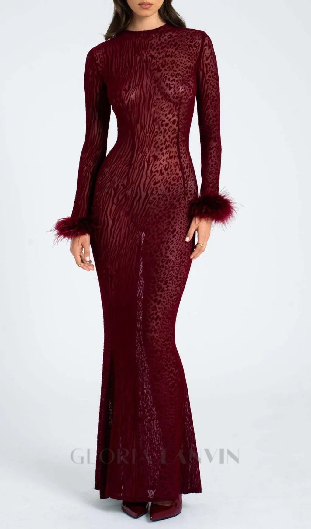 burgundy mesh feather maxi dress Gloria Lanvin