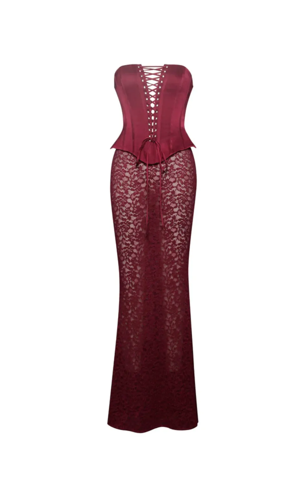 BURGUNDY SATIN LACE CORSET MAXI DRESS Gloria Lanvin