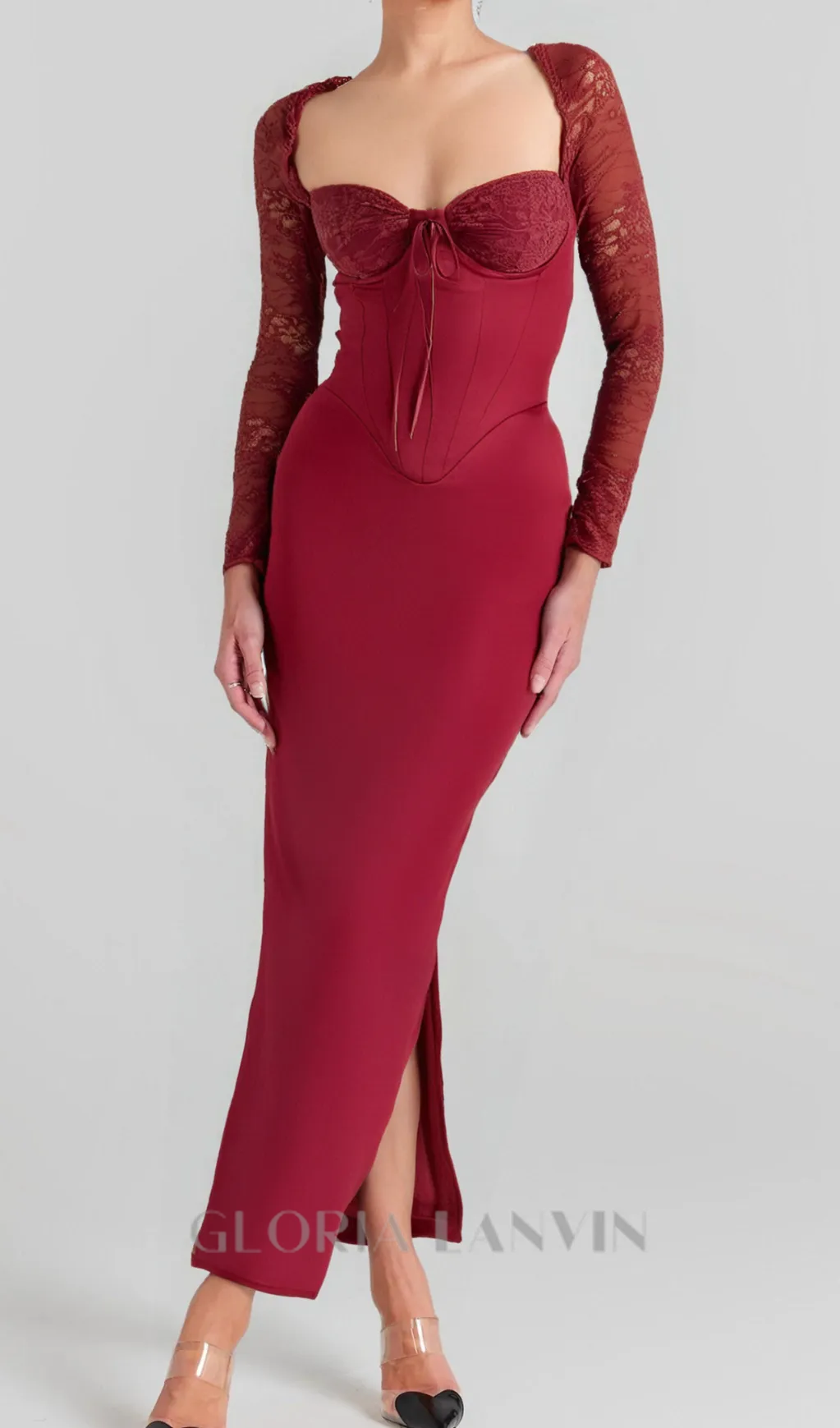 burgundy satin maxi dress with corset Gloria Lanvin