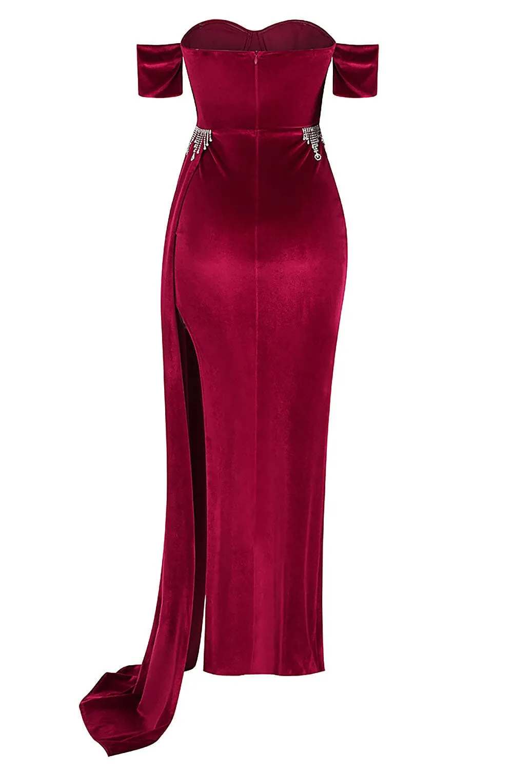 BURGUNDY VELVET OFF SHOULDER SIDE TAIL SLIT MAXI DRESS Gloria Lanvin