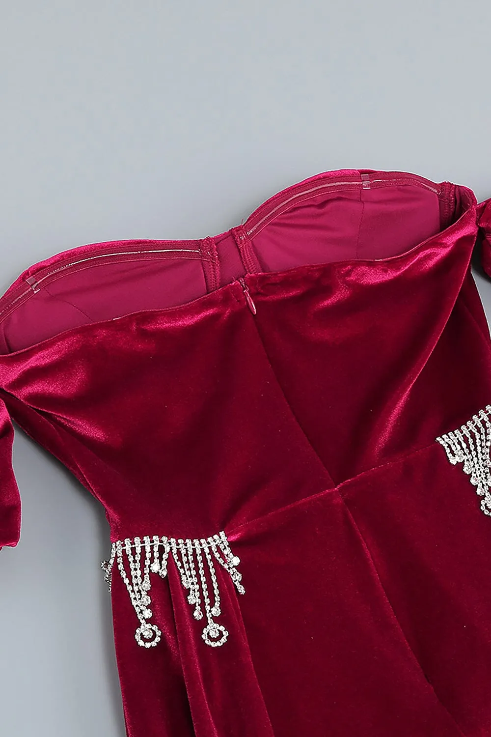 BURGUNDY VELVET OFF SHOULDER SIDE TAIL SLIT MAXI DRESS Gloria Lanvin