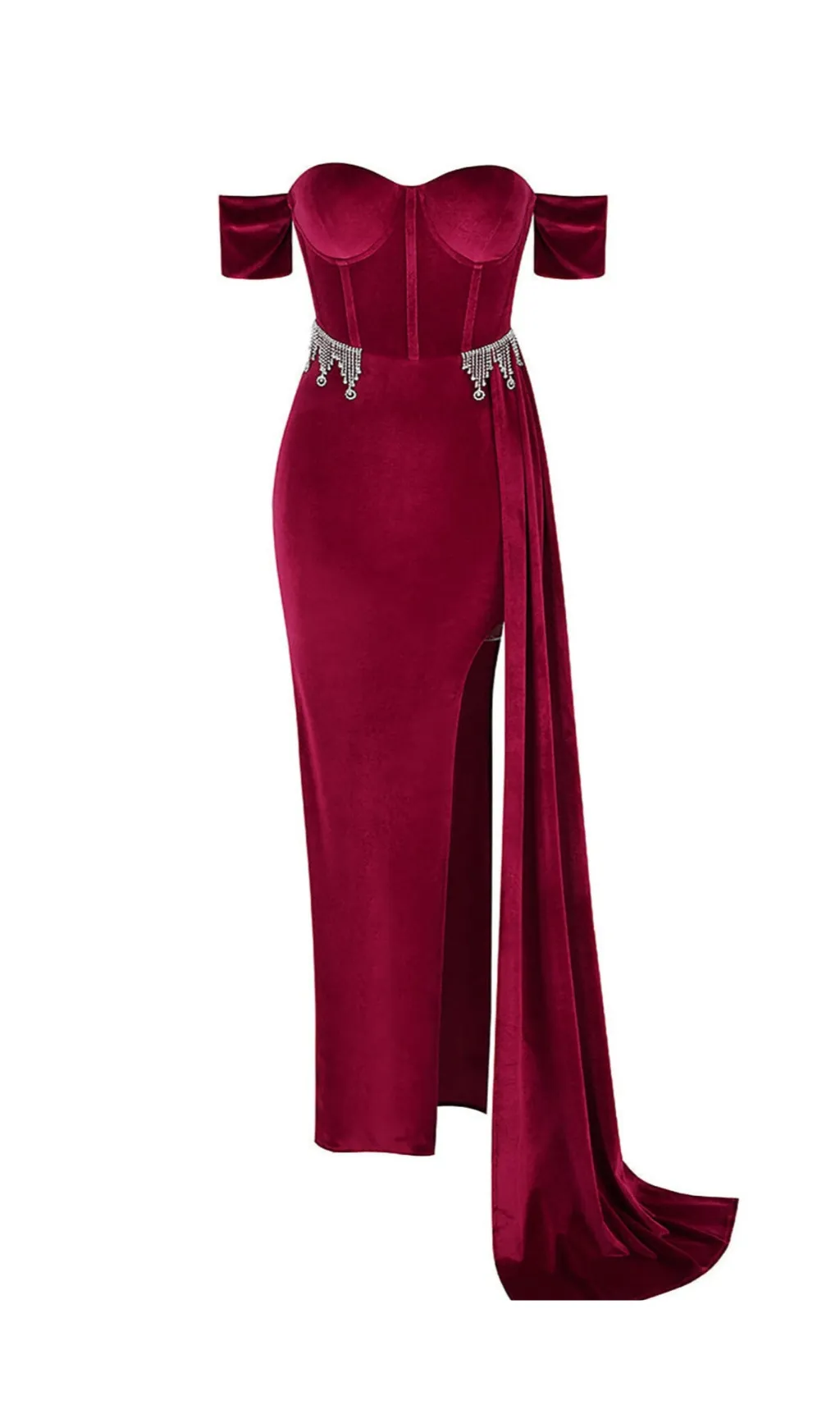 BURGUNDY VELVET OFF SHOULDER SIDE TAIL SLIT MAXI DRESS Gloria Lanvin