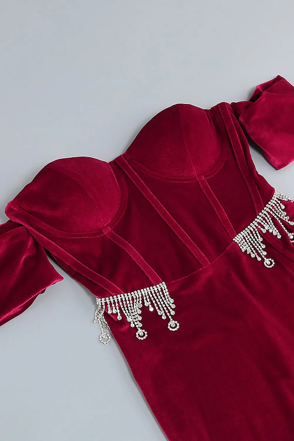 BURGUNDY VELVET OFF SHOULDER SIDE TAIL SLIT MAXI DRESS Gloria Lanvin