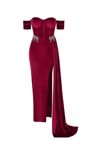 BURGUNDY VELVET OFF SHOULDER SIDE TAIL SLIT MAXI DRESS Gloria Lanvin