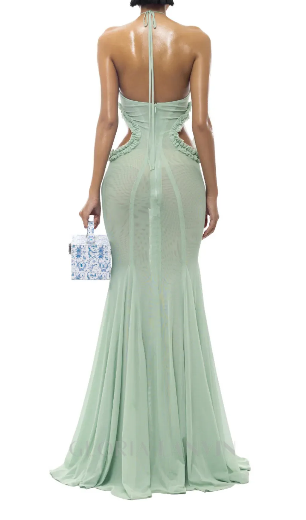 Butterfly Slip Halterneck Tulle maxi Dress in Green Gloria Lanvin