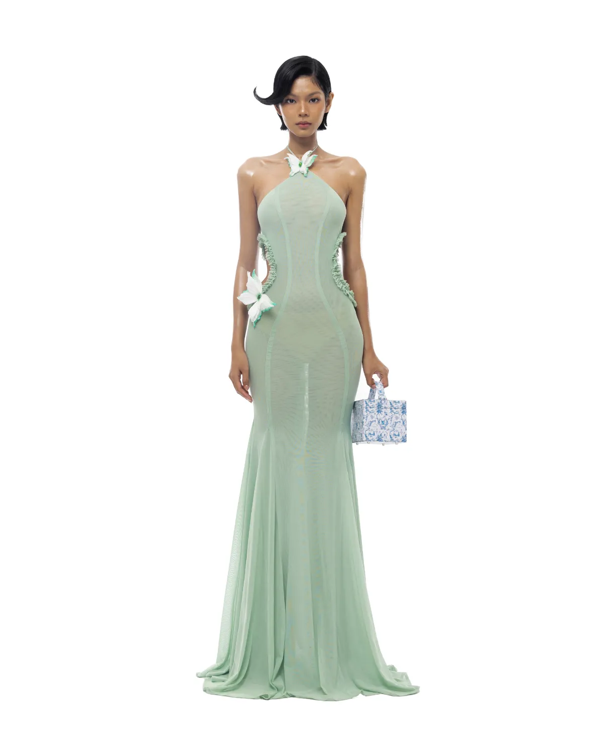 Butterfly Slip Halterneck Tulle maxi Dress in Green Gloria Lanvin